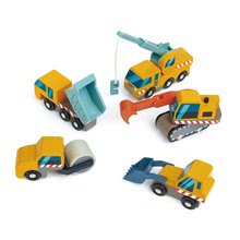Leseni avtomobili - Leseni delovni avtomobilčki Construction Site Tender Leaf Toys valjar bager tovornjak prekucnik in žerjav_0