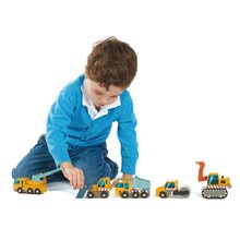 Leseni avtomobili - Leseni delovni avtomobilčki Construction Site Tender Leaf Toys valjar bager tovornjak prekucnik in žerjav_1