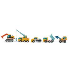 Leseni avtomobili - Leseni delovni avtomobilčki Construction Site Tender Leaf Toys valjar bager tovornjak prekucnik in žerjav_2