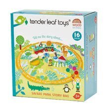 Drevené didaktické hračky - Drevený park so zvieratkami Safari Park Story Bag Tender Leaf Toys na okrúhlej plátenej taške s potlačou džungle_1