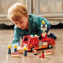 Leseni avtomobili - Leseni gasilski avto Fire Engine Tender Leaf Toys s funkcionalno ploščadjo in 4 gasilci ter dodatki_0