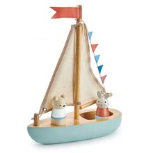 Didaktische Holzspielzeuge - Segelboot aus Holz Sailaway Boat Tender Leaf Toys mit zwei Segeln und einem Hasen mit Teddybären_3