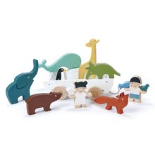 Lesene didaktične igrače - Deček in deklica iz lesa z živalcami The Friend Ship Tender Leaf Toys na vozičku, 12 delov_0