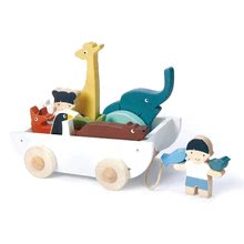 Lesene didaktične igrače - Deček in deklica iz lesa z živalcami The Friend Ship Tender Leaf Toys na vozičku, 12 delov_1