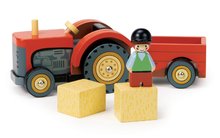 Dřevěná auta  - Dřevěný traktor s vlečkou Farmyard Tractor Tender Leaf Toys s figurkou farmáře a zvířátky od 18 měsíců_1
