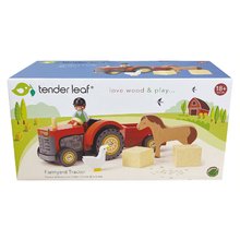 Drewniane samochody - Drewniany traktor z przyczepą Farmyard Tractor Tender Leaf Toys Z figurką farmera i zwierzątkami od 18 miesięcy_0