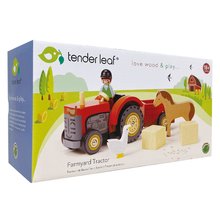 Drevené autá - Drevený traktor s vlečkou Farmyard Tractor Tender Leaf Toys s figúrkou farmára a zvieratkami od 18 mes_1