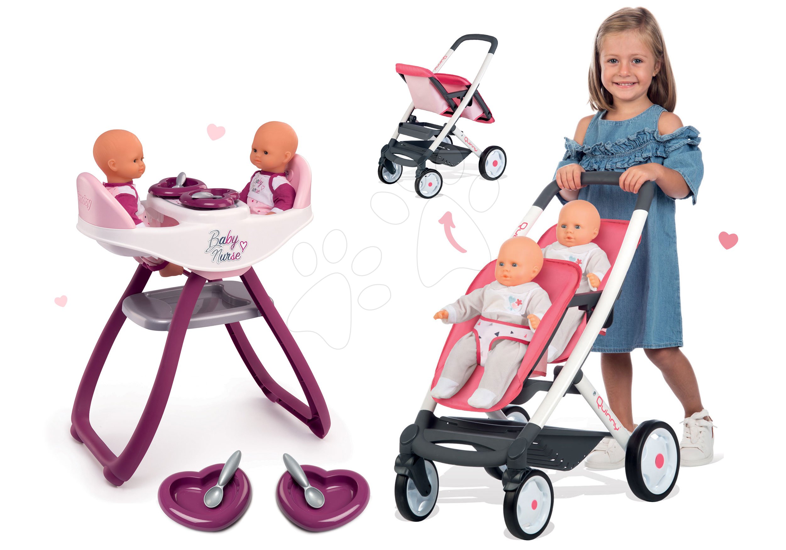 Set jídelní židle a houpačka pro dvojčata Violette Baby Nurse Smoby a sportovní kočárek Maxi Cosi pro dvě panenky
