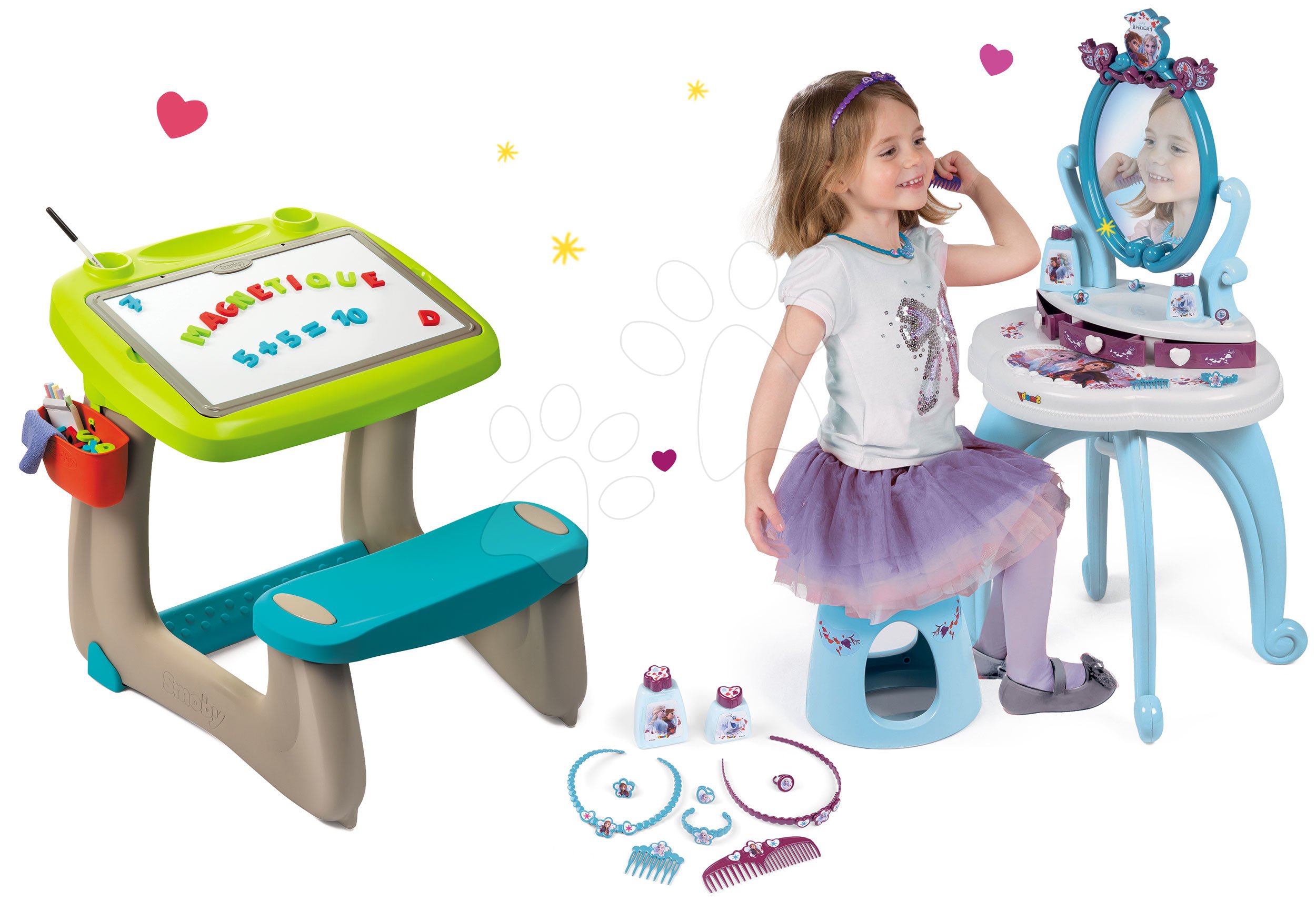 Smoby set dětská lavice s oboustrannou tabulí Activity a kosmetický stolek Princezny 420102-1