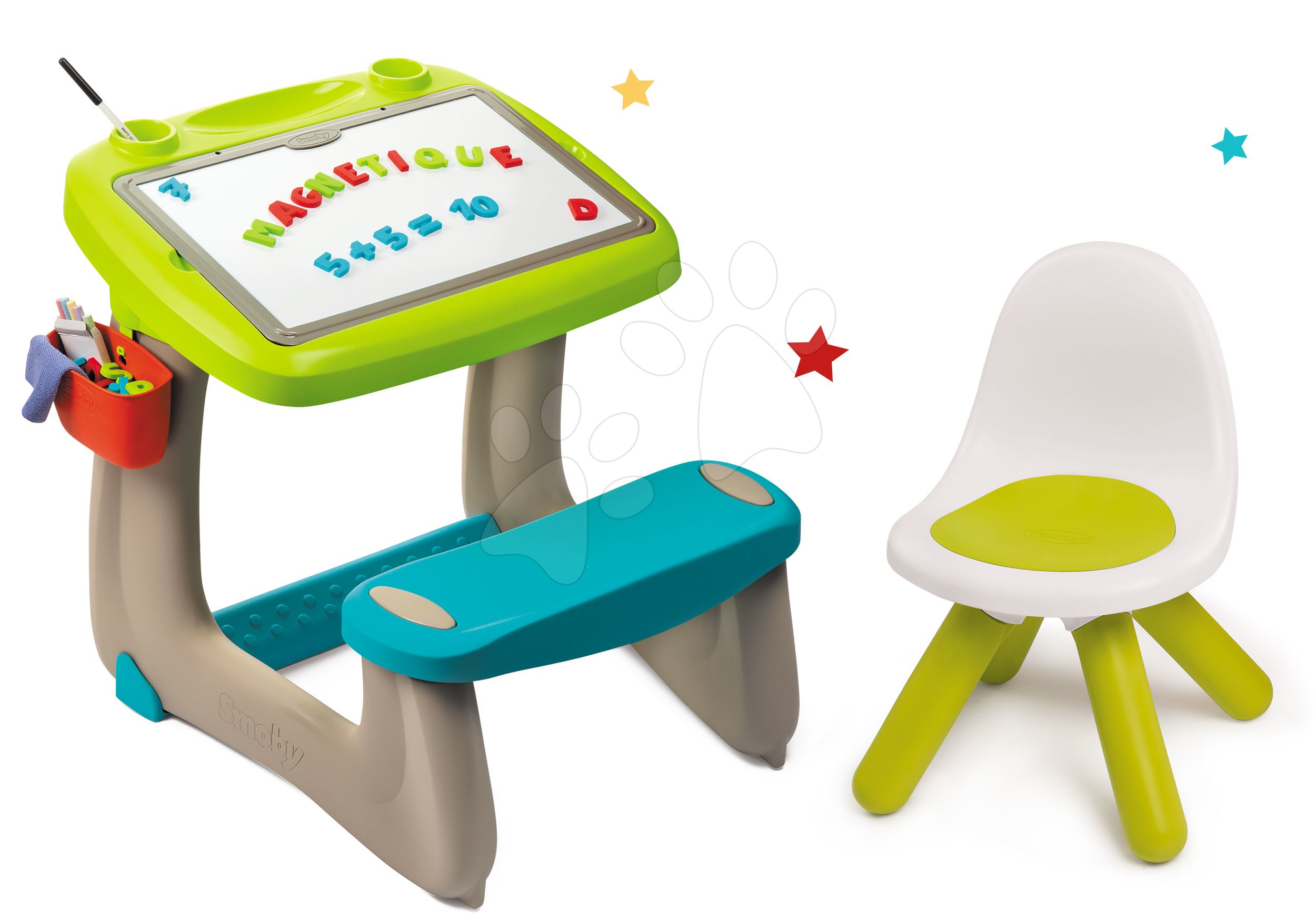 Set lavice na kreslení a magnetky Little Pupils Desk Smoby s oboustrannou tabulí a židle Kid zelená