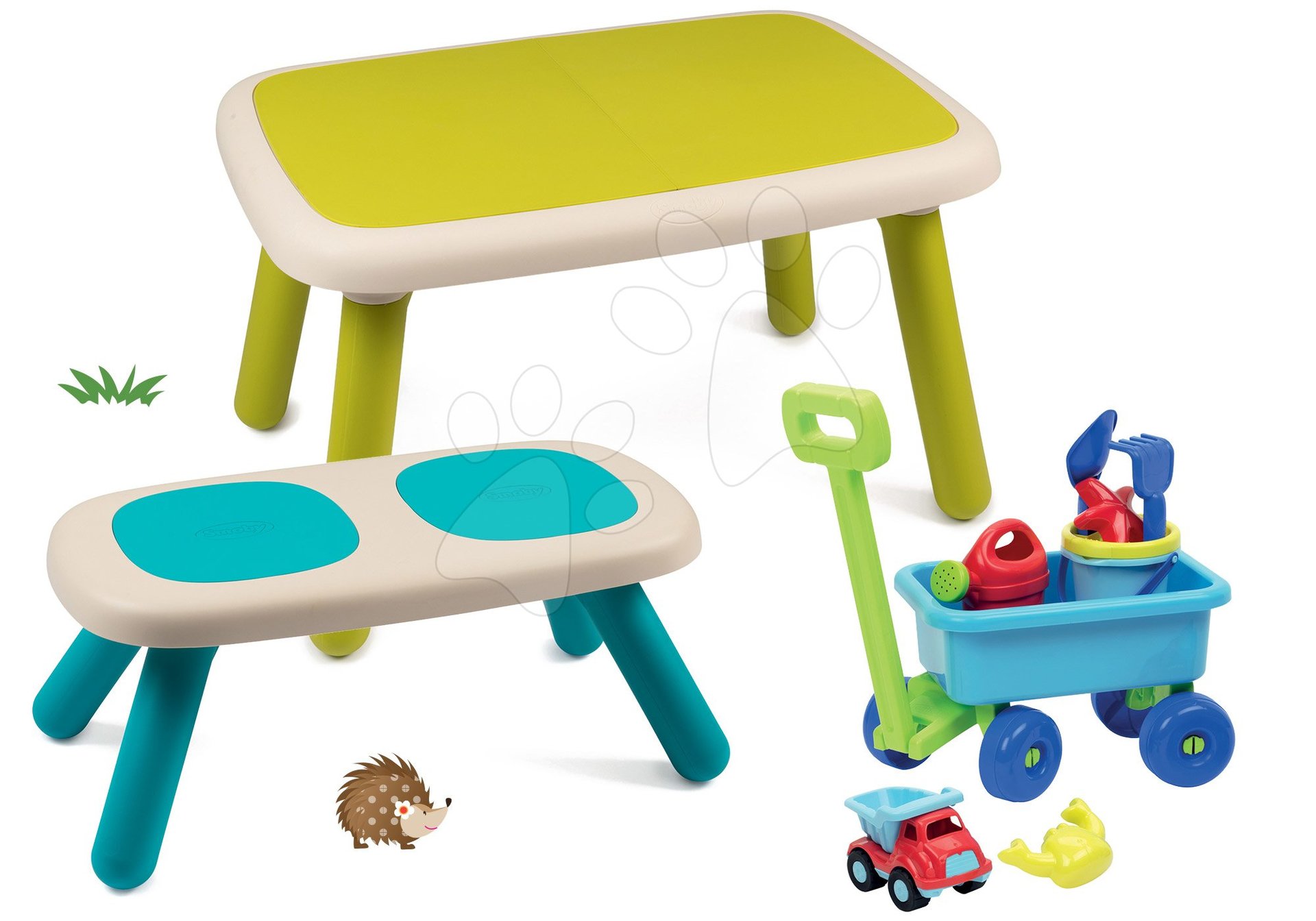 Szett gyermek asztal KidTable és pad és kézikocsi Smoby