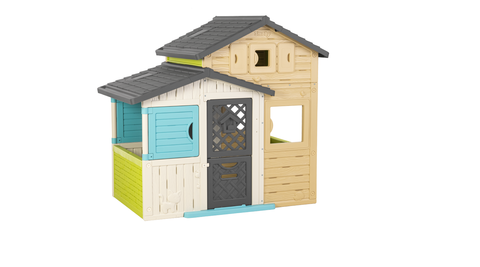 Domček Priateľov v elegantných farbách Friends House Evo Playhouse Smoby rozšíriteľný 2 dvere s kľúčom 6 okien s UV filtrom 162 cm výška