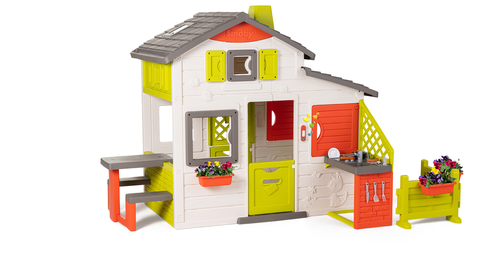 Domček Priateľov priestranný Neo Friends House Smoby so záhradkou rozšíriteľný 2 dvere 6 okien a piknik stolík 172 cm výška s UV filtrom