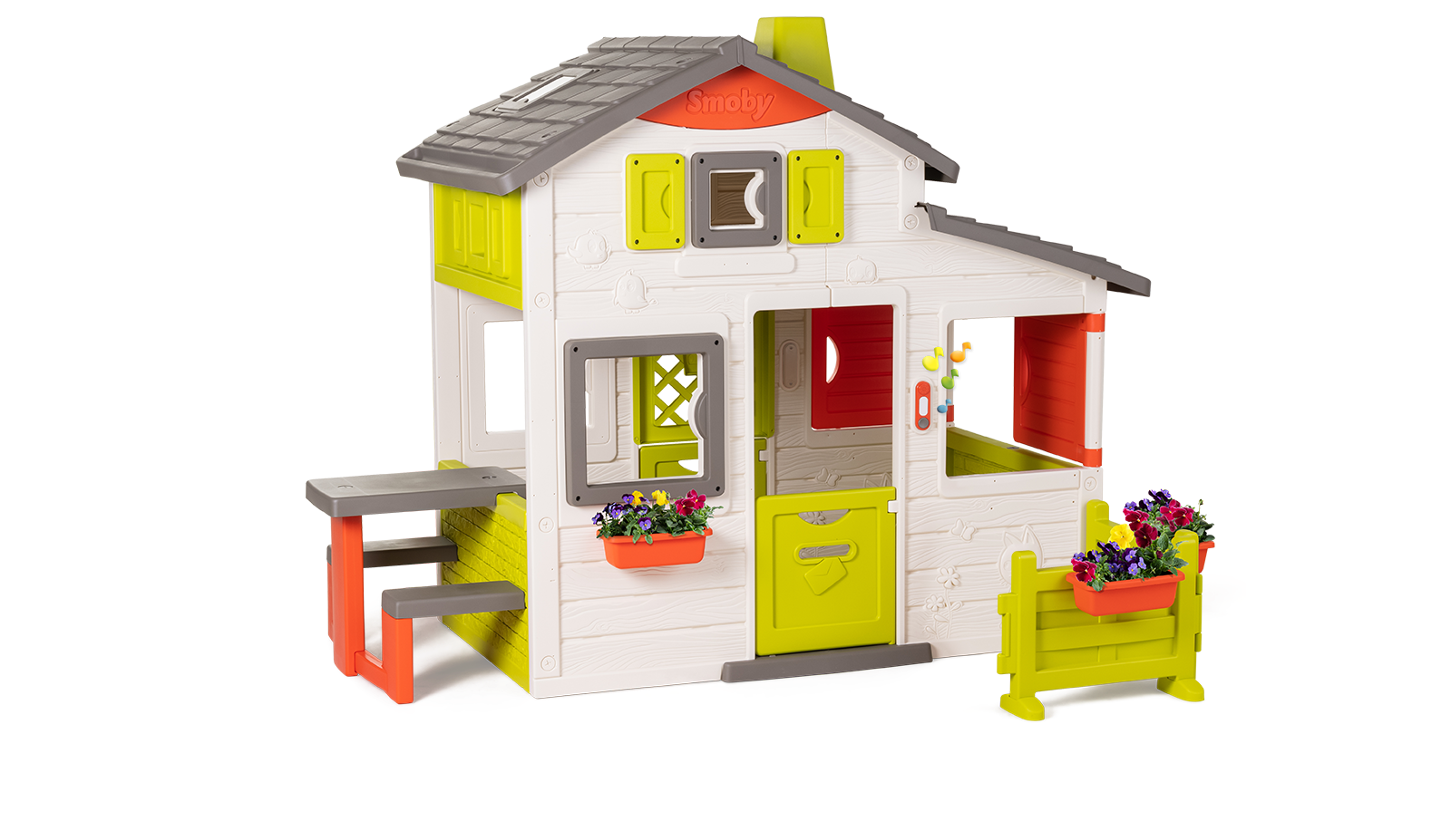 Domček Priateľov priestranný Neo Friends House Smoby so záhradkou rozšíriteľný 2 dvere 6 okien a piknik stolík 172 cm výška s UV filtrom