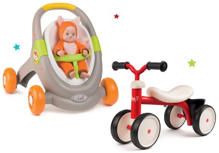 Za dojenčke Smoby - Komplet sprehajalček in voziček z avtosedežem živalce Animal Minikiss 3v1 Smoby z zavoro
