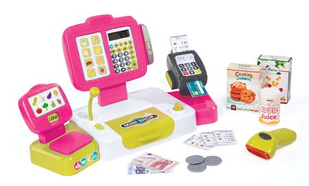 Obchody pre deti - Pokladňa Mini Shop Smoby elektronická s váhou, terminálom, čítačkou kódov a 27 doplnkami ružová