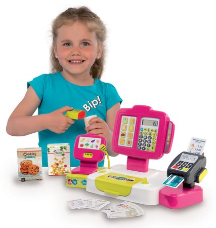 Szupermarketek gyerekeknek - Pénztárgép Mini Shop Smoby elektronikus mérleggel, terminállal, kódleolvasóval és 27 kiegészítővel rózsaszín_1